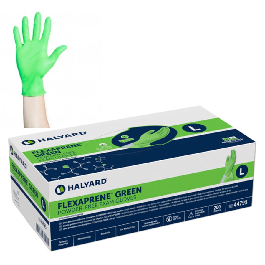 Exam Gloves Green Chloroprene Powder-Free Textured 9.5″ Multiple Sizes