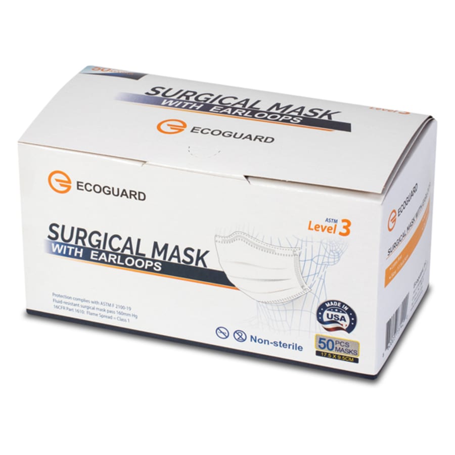 Surgical ASTM Level 3 Earloop Mask Fluid Resistant 50/Bx Multiple Colors